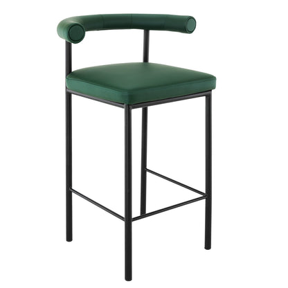 A green bar stool with a sturdy iron frame and high-density foam upholstered in PU leather.