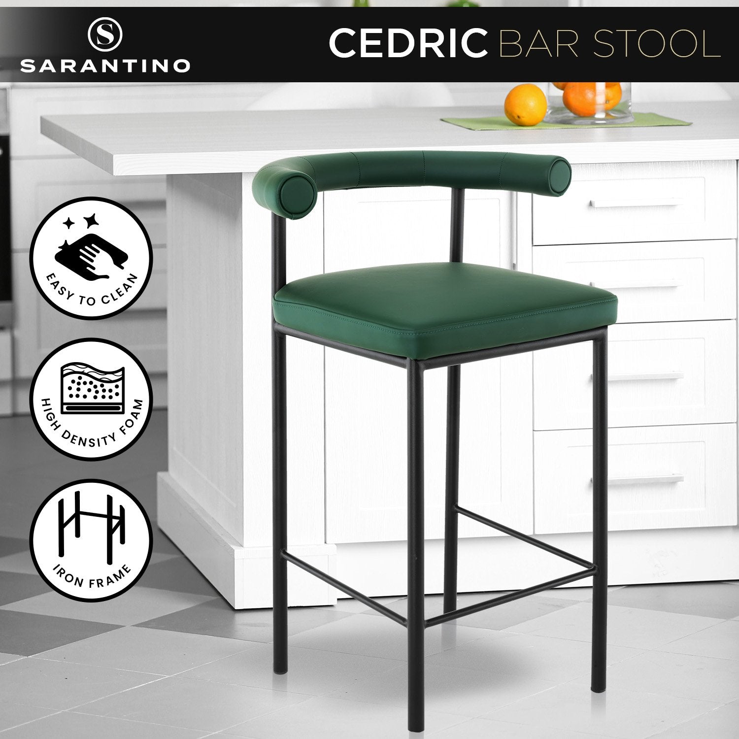 Sarantino Cedric Bar Stool W/ High-density Foam Upholstered Iron Frame Green