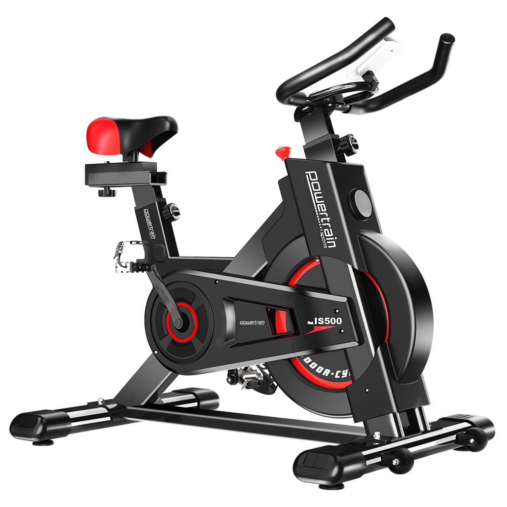A black Powertrain heavy-duty exercise spin bike with red accents. It features a large flywheel, non-slip grip handlebars, and an adjustable saddle.