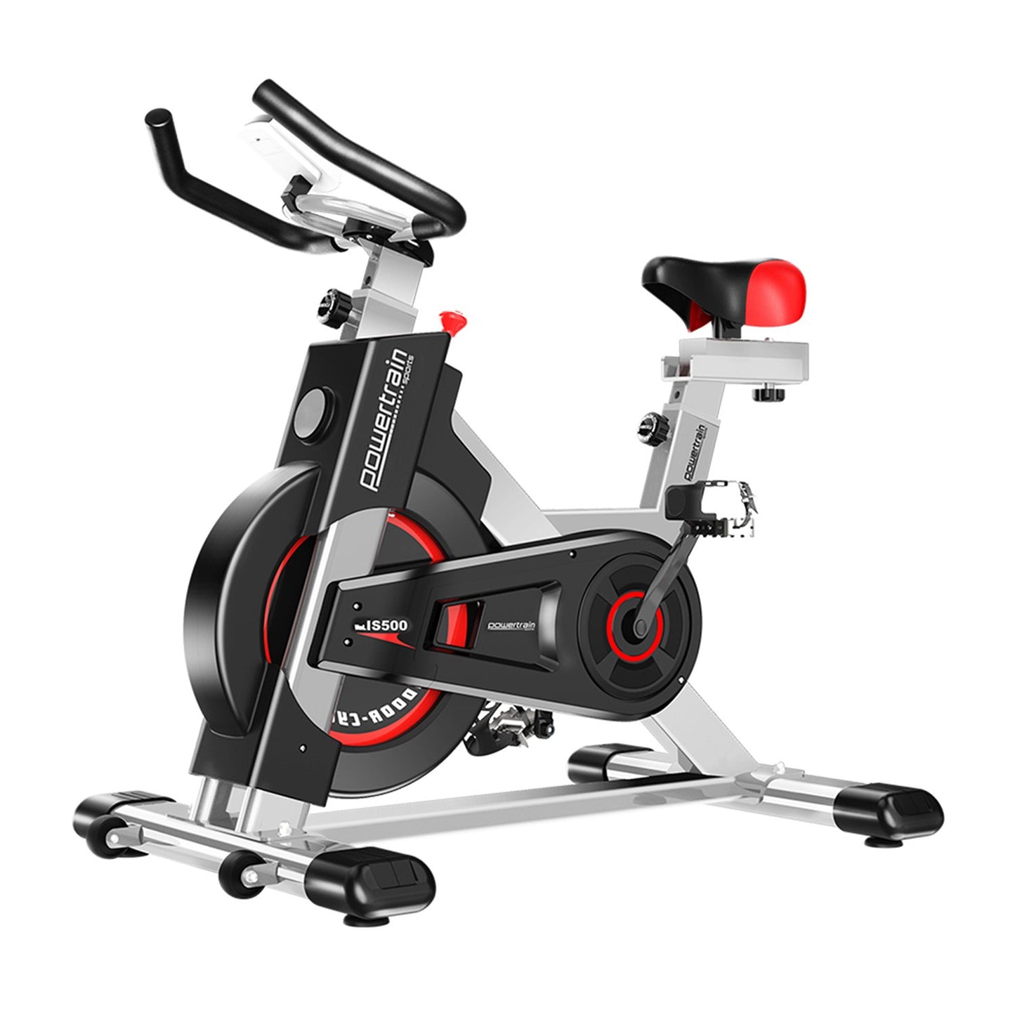 A silver Powertrain heavy-duty exercise spin bike with red accents. It features a large flywheel, non-slip grip handlebars, and an adjustable saddle.