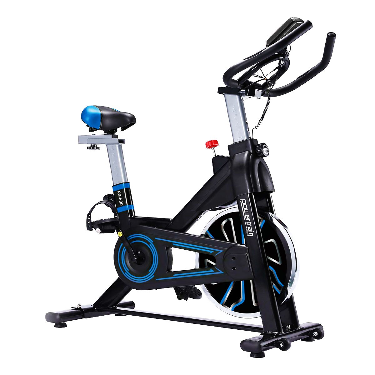 A blue and black PowerTrain RX-600 exercise spin bike with adjustable features and a flywheel system.