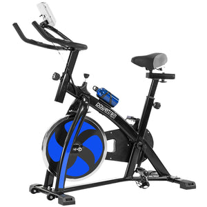A blue and black Powertrain spin bike with a heavy flywheel, adjustable seat and handlebars, and an LCD display.