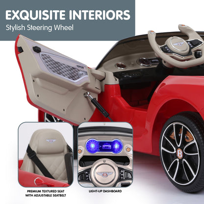 Red toy car with stylish steering wheel, premium textured seat, and light-up dashboard on a white background.
