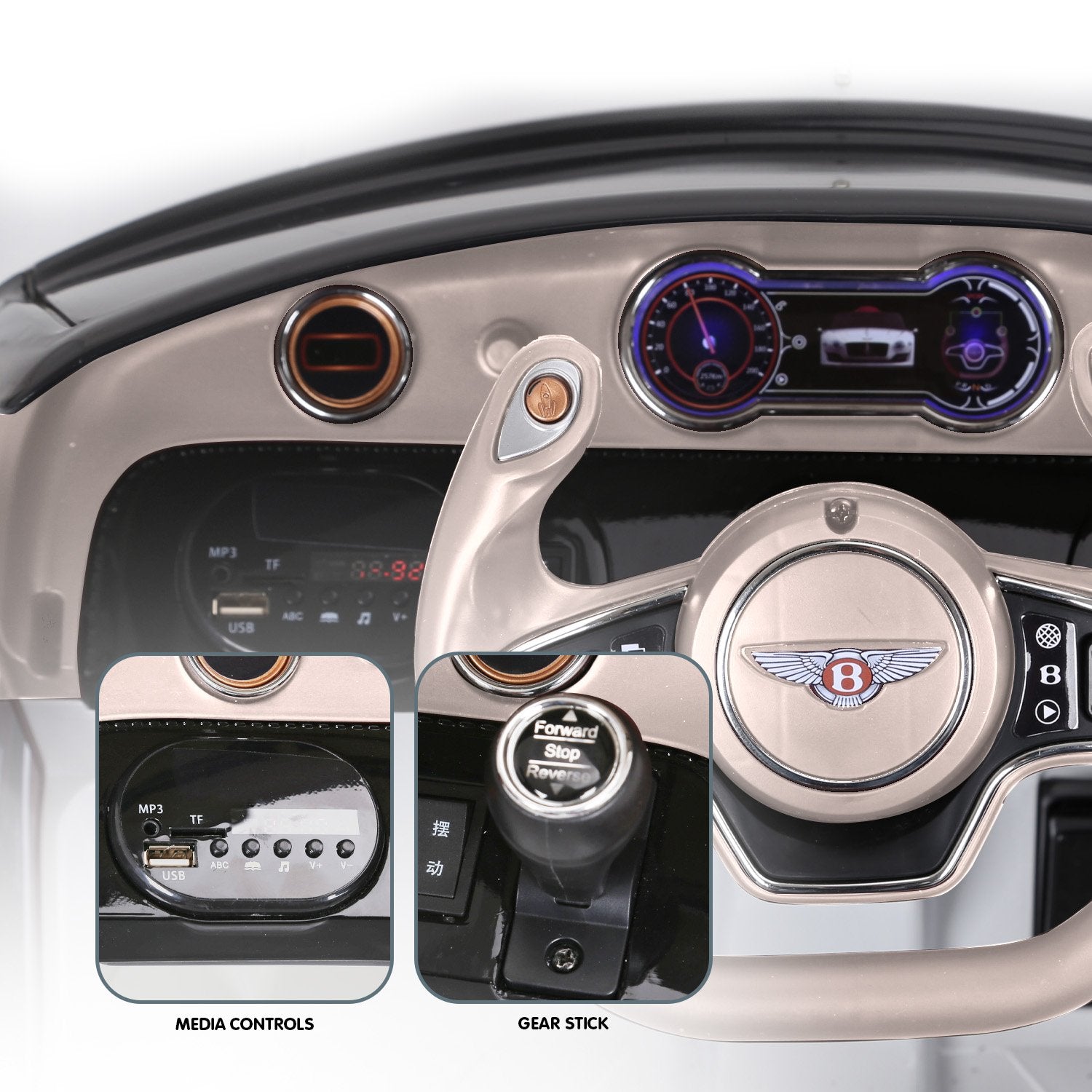 Close-up of a car's interior dashboard with media controls and gear stick, featuring the Bentley logo.