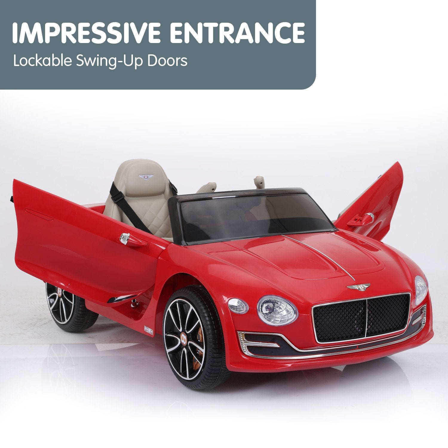 Red toy car with lockable swing-up doors on a white background