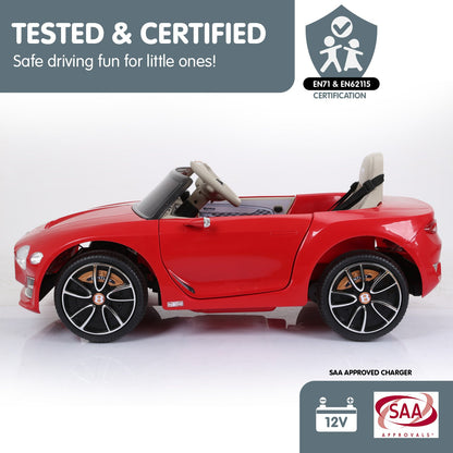 Red toy car with certification logos on a white background