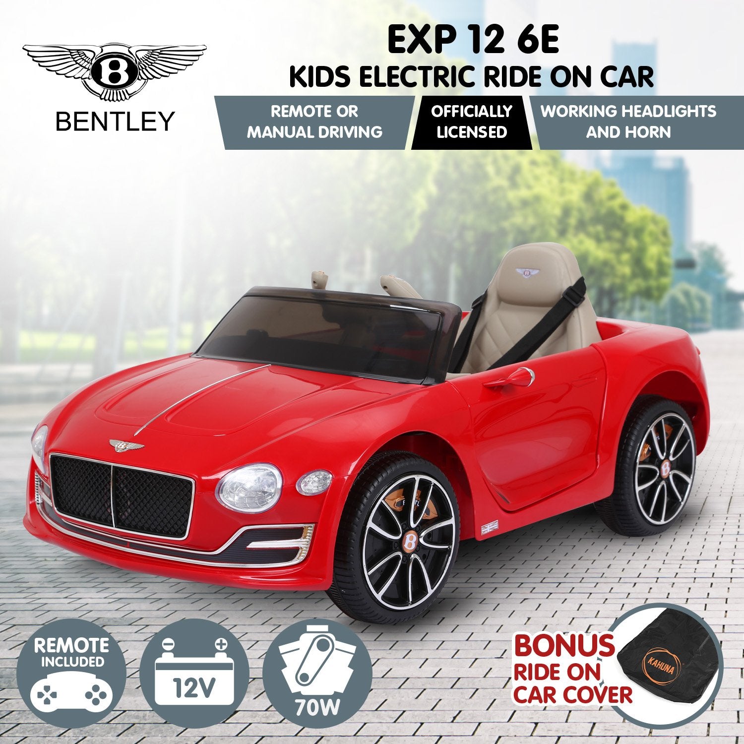 Red Bentley kids electric ride-on car with remote control on a cityscape background
