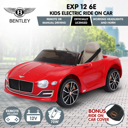 Red Bentley kids electric ride-on car with remote control on a cityscape background