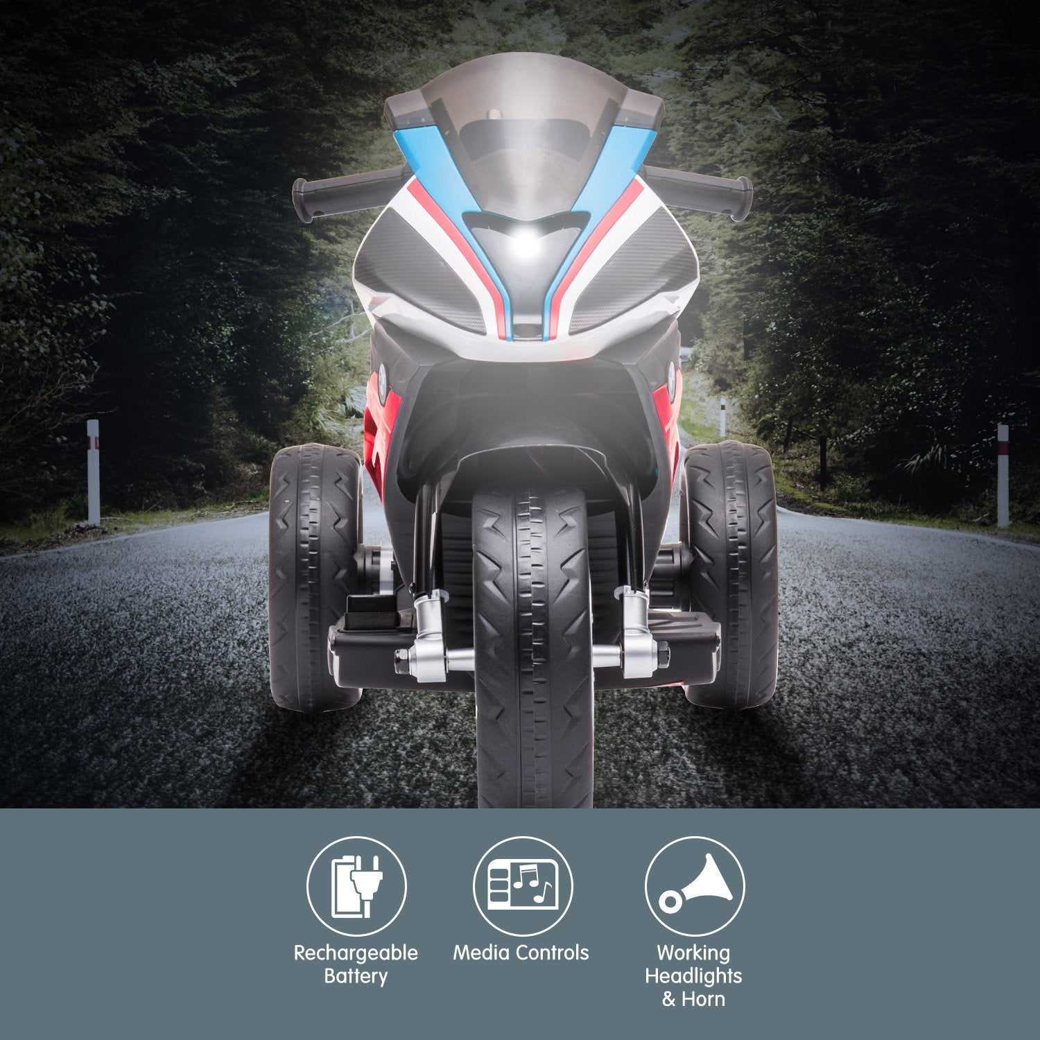 Children's electric motorcycle on a road with features highlighted at the bottom.