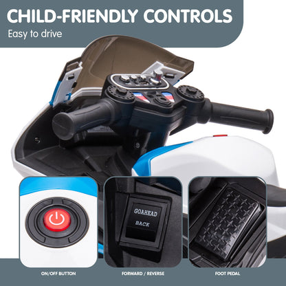 Child-friendly controls of a toy vehicle with labeled buttons on a gray background.