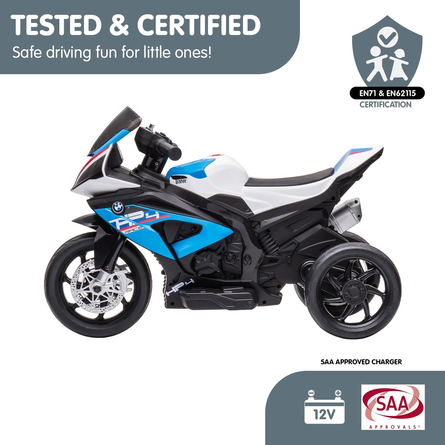 Toy motorcycle with BMW branding on a white background, featuring certification logos and safety information.