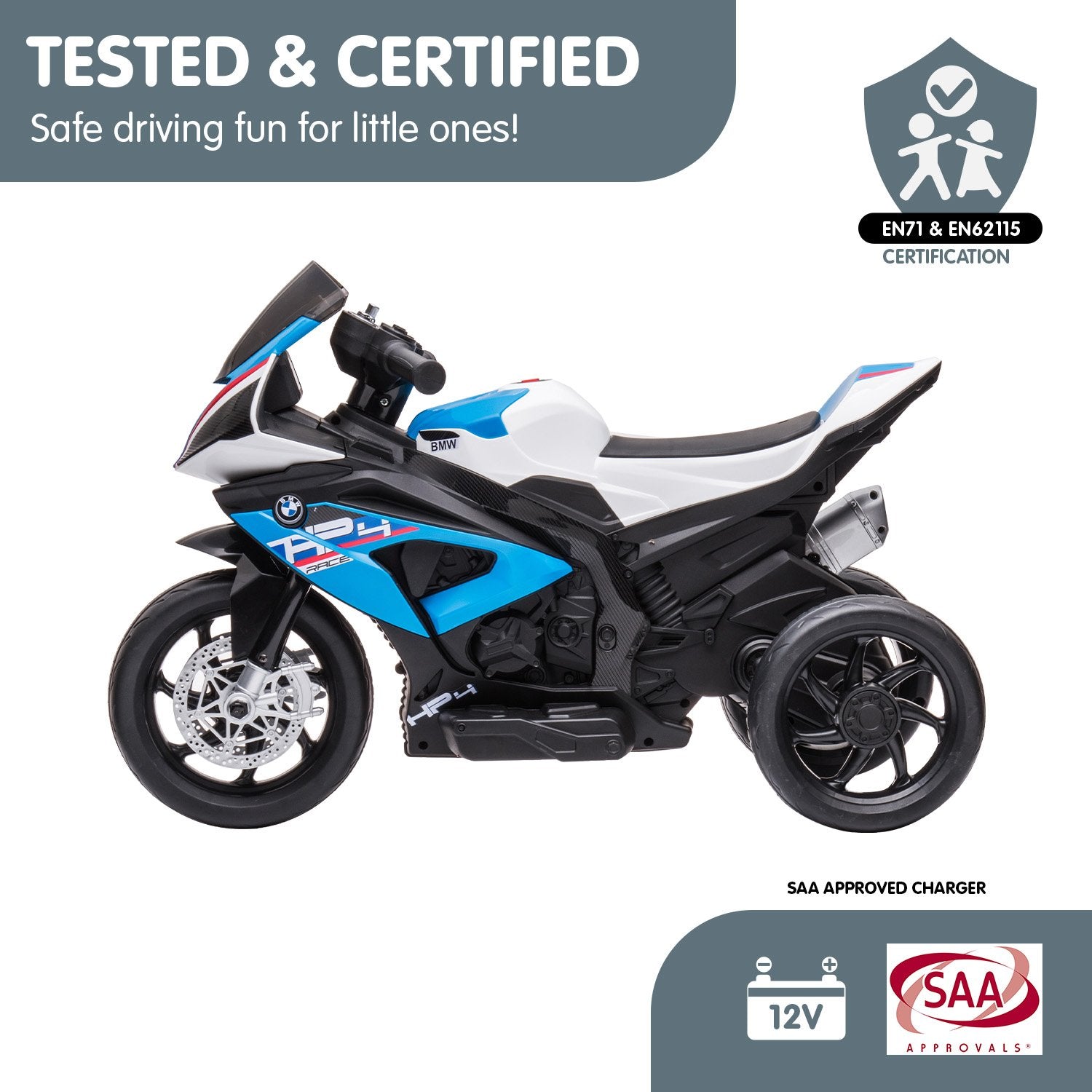 Toy motorcycle with BMW branding on a white background, featuring certification logos and safety information.