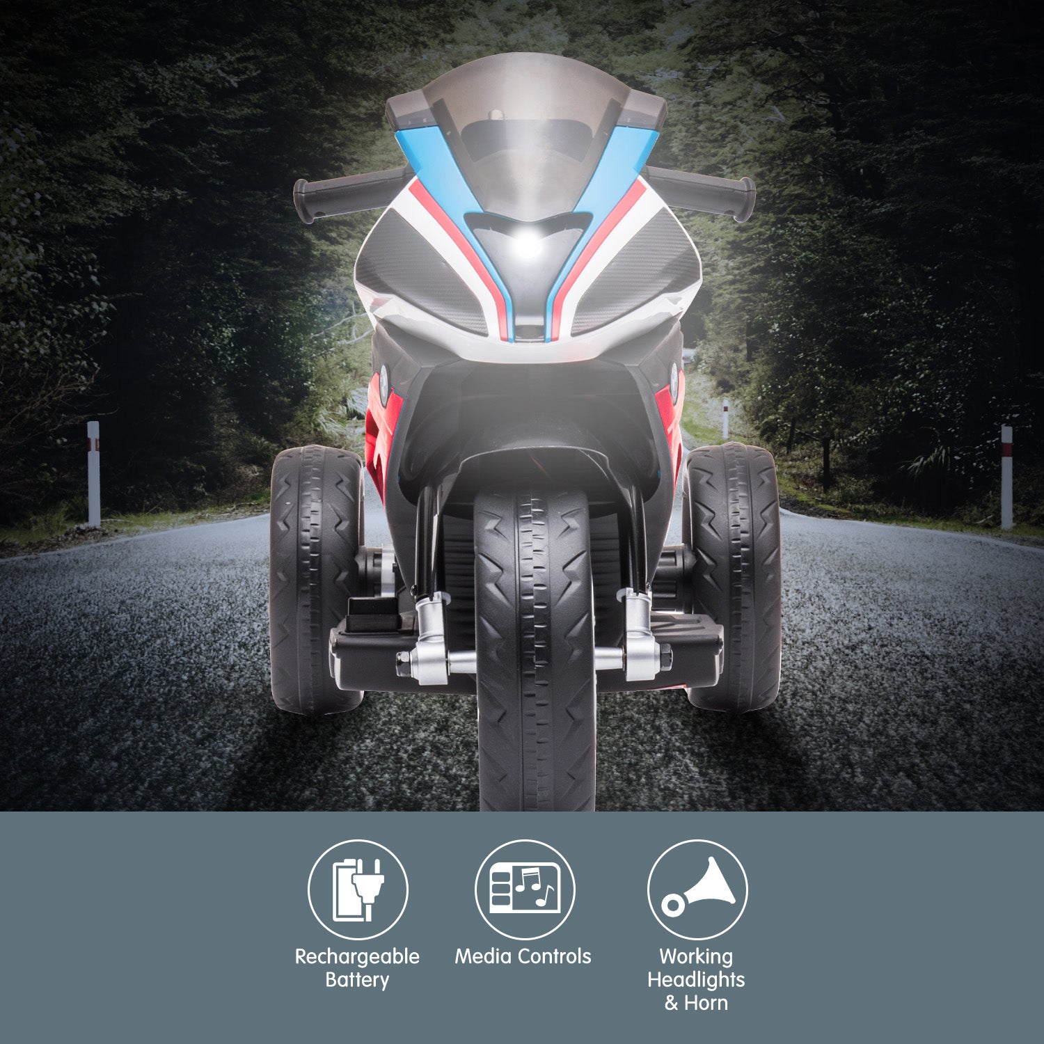 Children's electric motorcycle on a dark road with features highlighted.
