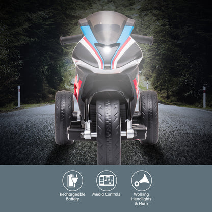 Children's electric motorcycle on a dark road with features highlighted.