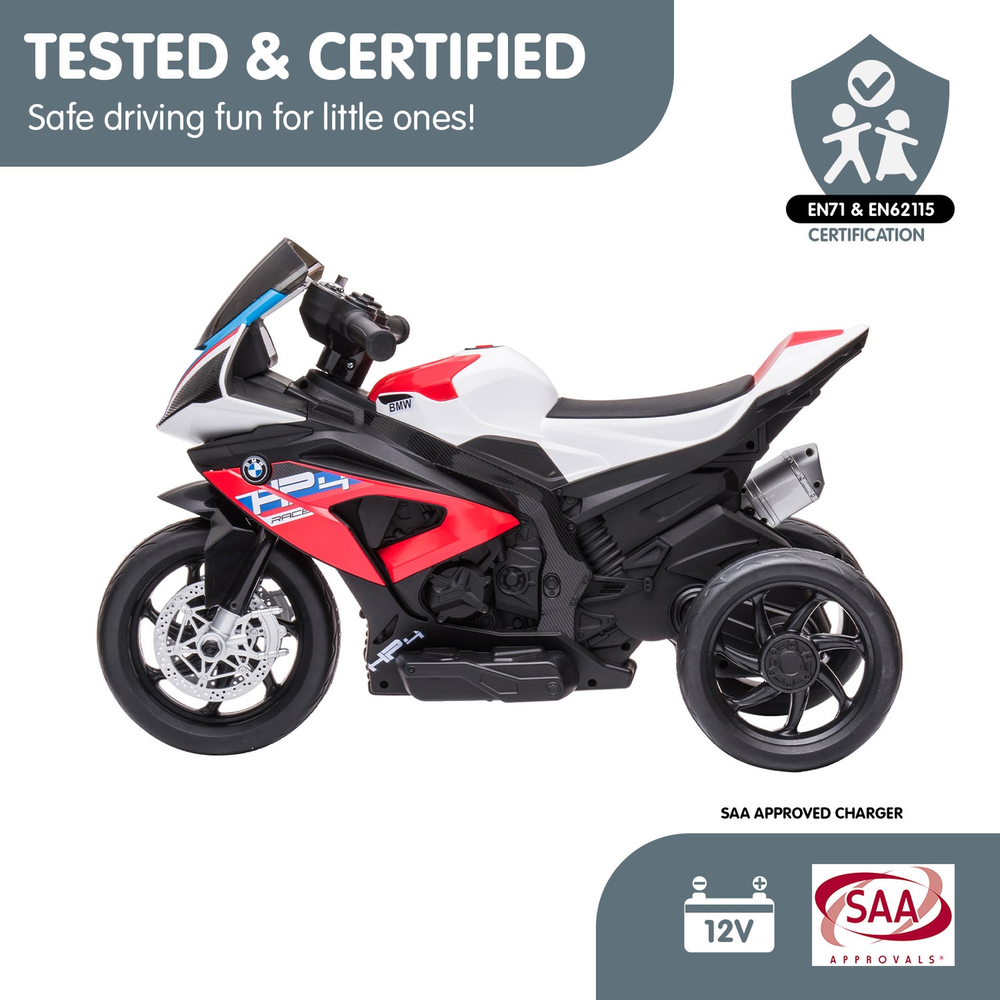 Toy motorcycle with certification logos on a white background