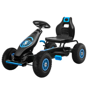 Black and blue pedal go-kart on a white background