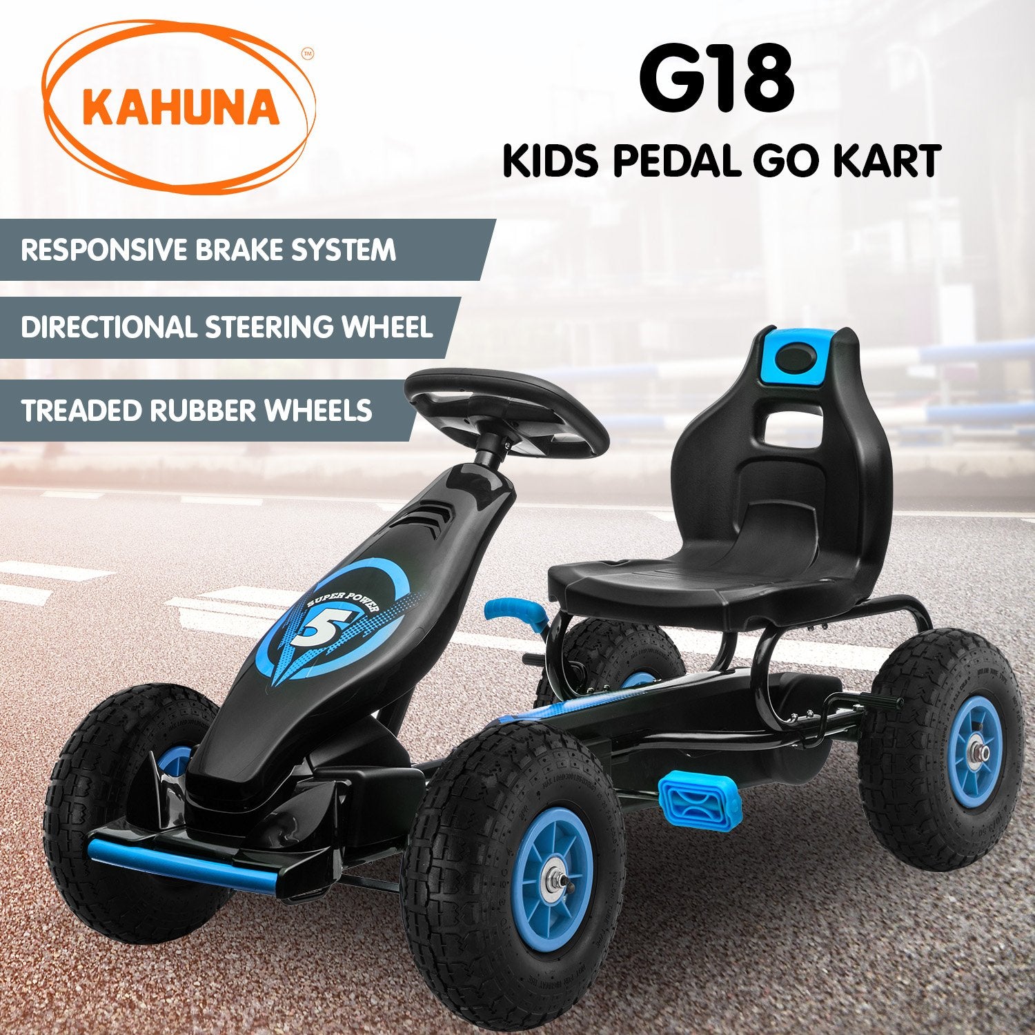 Kahuna G18 Kids Pedal Go Kart with features listed on a road background