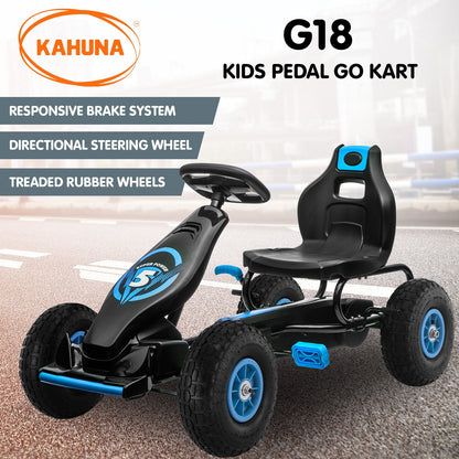 Kahuna G18 Kids Pedal Go Kart with features listed on a road background