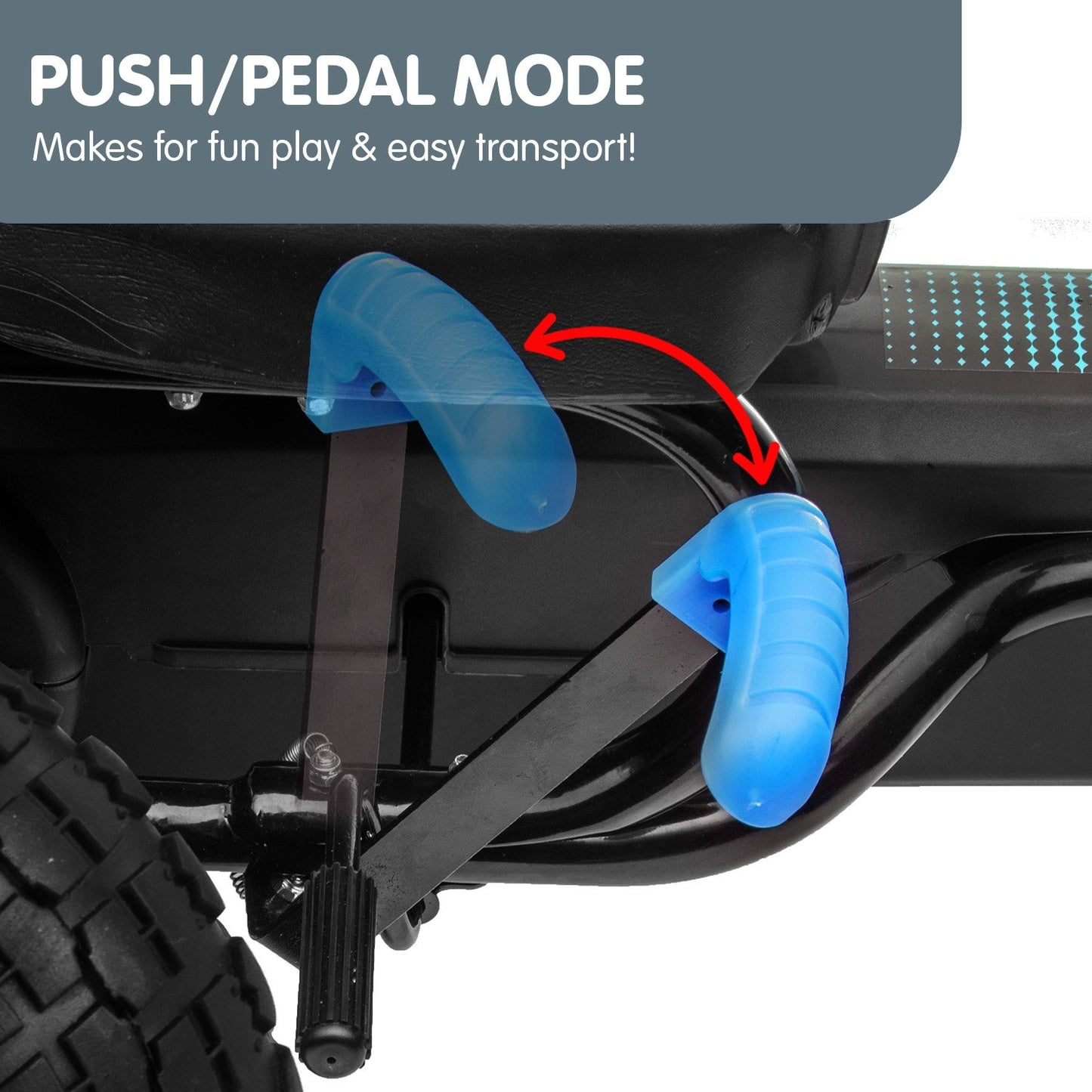 Push/pedal mode feature on a scooter with blue handles and text indicating fun play and easy transport.