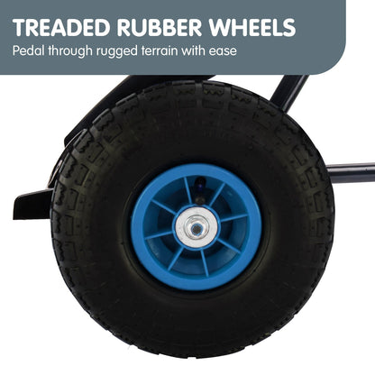 Treaded rubber wheel with blue rim on a white background, featuring text about trenched rubber wheels.