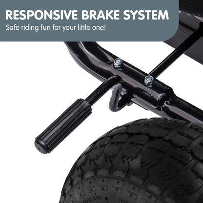 Close-up of a scooter's responsive brake system with text 'Safe riding fun for your little one!'.