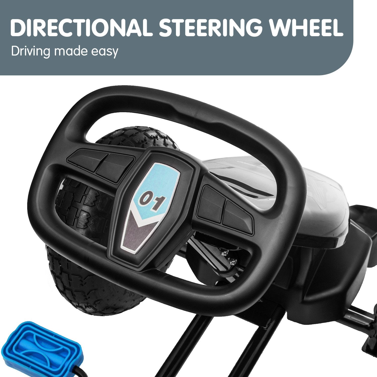 Black steering wheel with controls on a white background, labeled 'Directional Steering Wheel'.