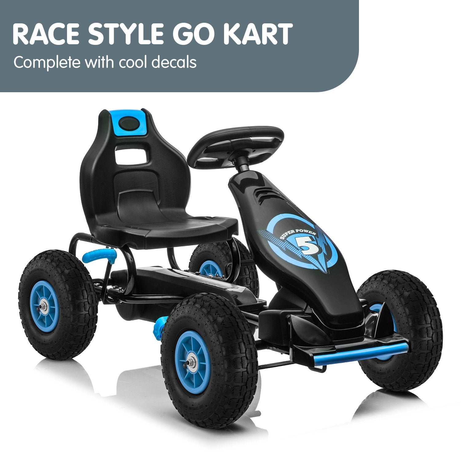 Black and blue race-style go kart with decals on a white background