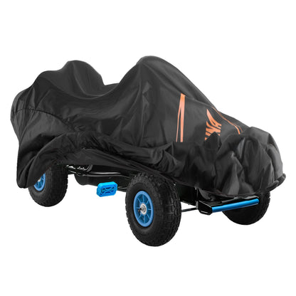 Black cover on a trailer with blue wheels on a white background