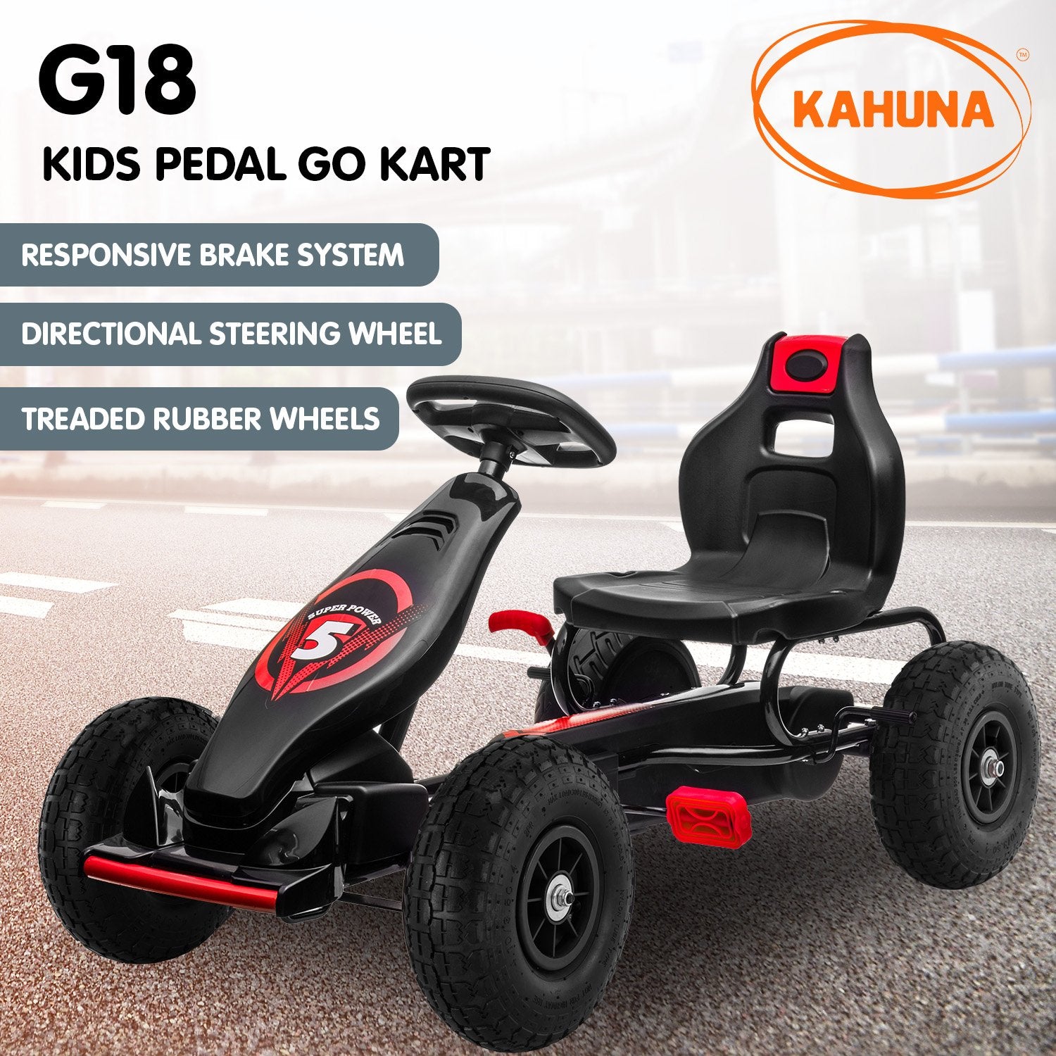 Kids pedal go kart with features listed on a blurred road background