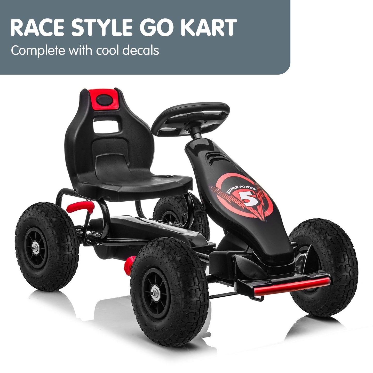 Black and red race-style go kart with cool decals on a white background