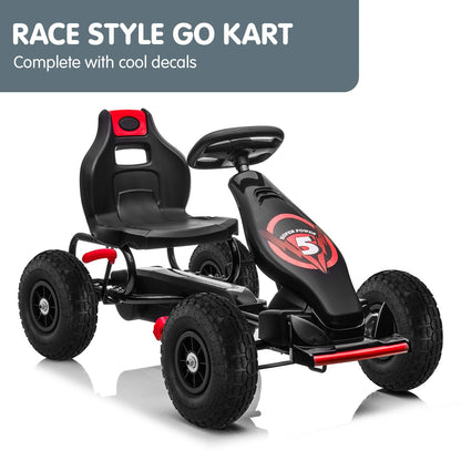 Black and red race-style go kart with cool decals on a white background