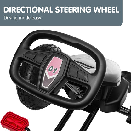 Black steering wheel with controls on a go-kart, featuring text 'Directional Steering Wheel' and 'Driving made easy'.