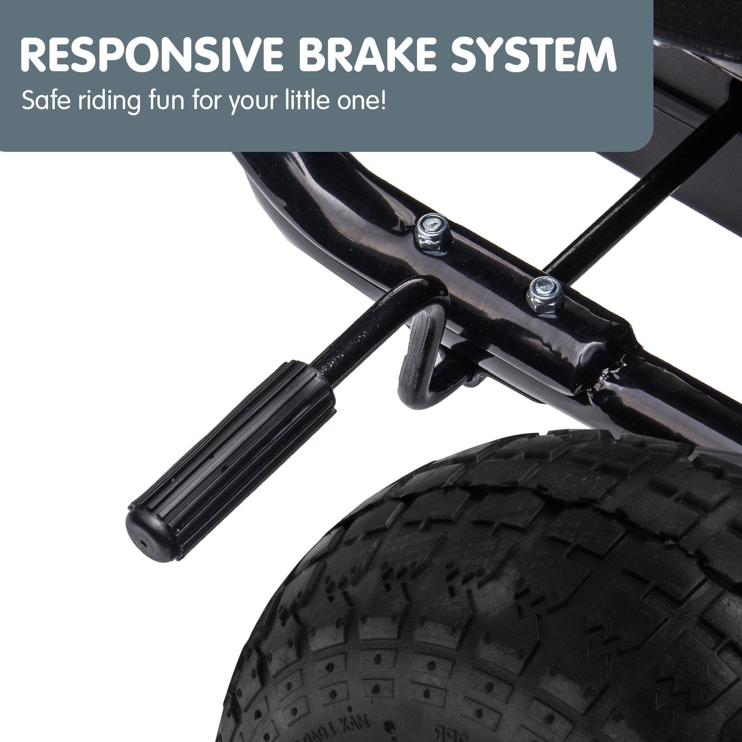 Close-up of a bike's responsive brake system with text on a white background
