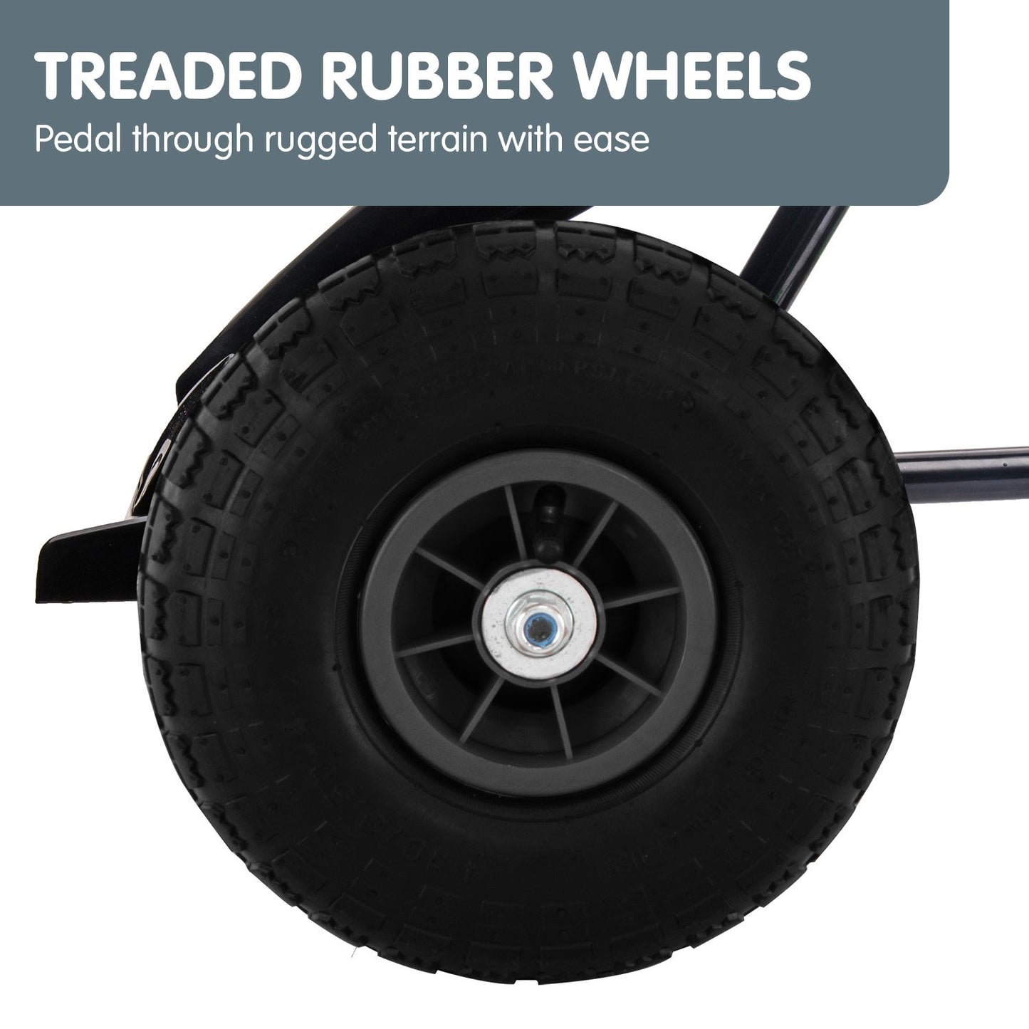 Treaded rubber wheel with text on rugged terrain capability
