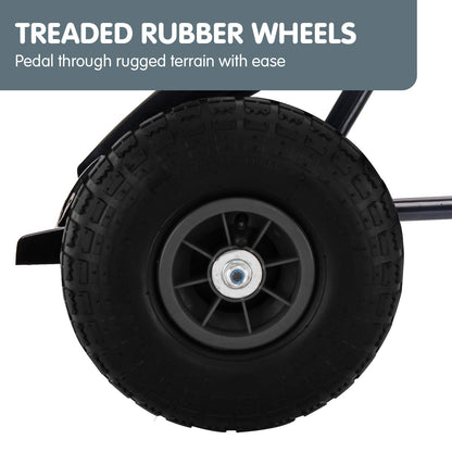 Treaded rubber wheel with text on rugged terrain capability