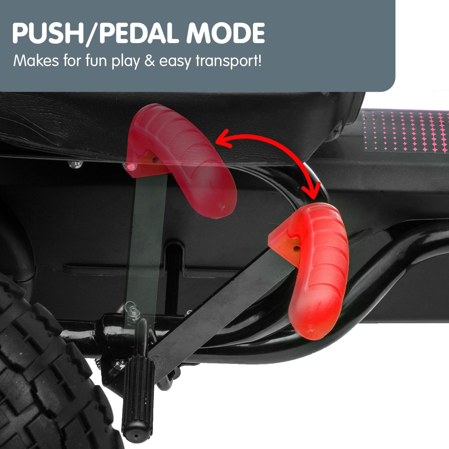 Push/pedal mode feature on a scooter with red handles and text indicating fun play and easy transport.