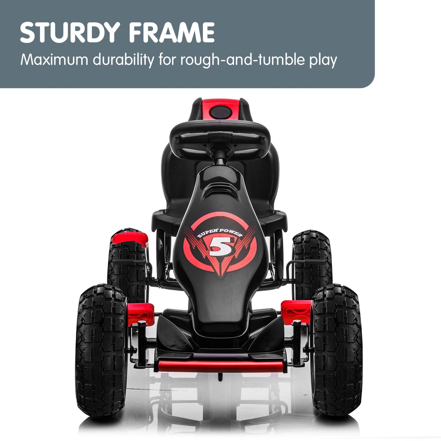 Black and red toy go-kart with 'Super Power' branding on a white background