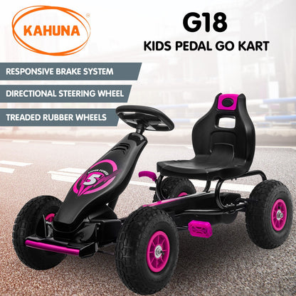 Kahuna G18 Kids Pedal Go Kart with features listed on a road background