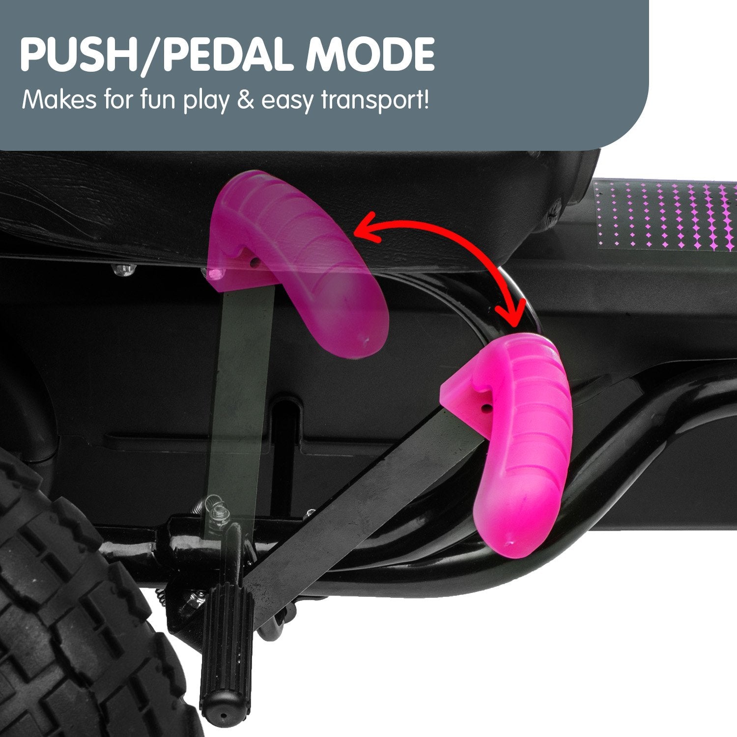 Pink foot pedals on a scooter with text about push/pedal mode.