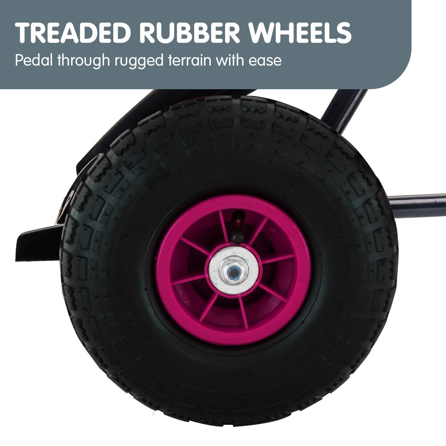 Close-up of a wheel with treaded rubber and pink hub, with text about rugged terrain capability.