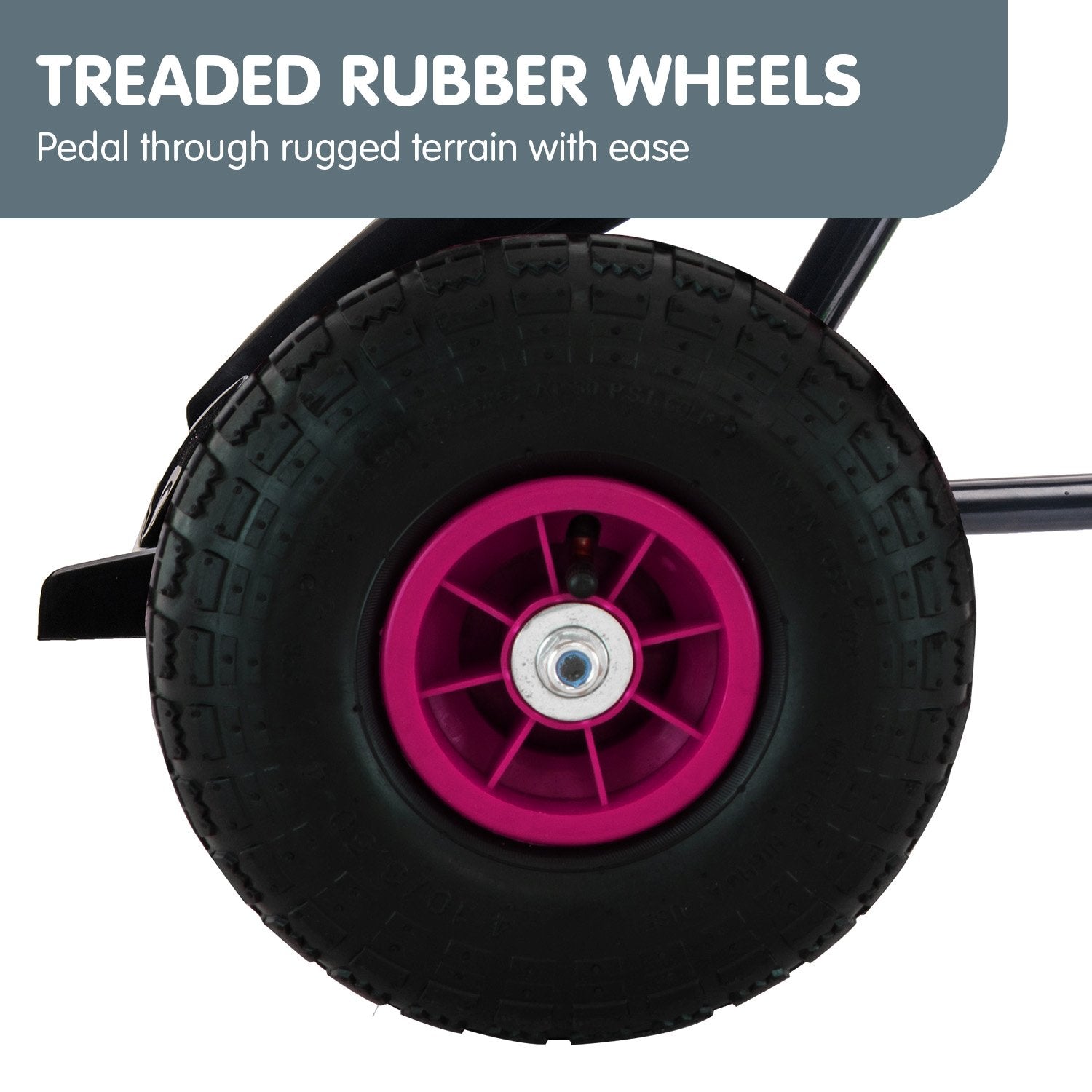 Close-up of a wheel with treaded rubber and pink hub, with text about rugged terrain capability.