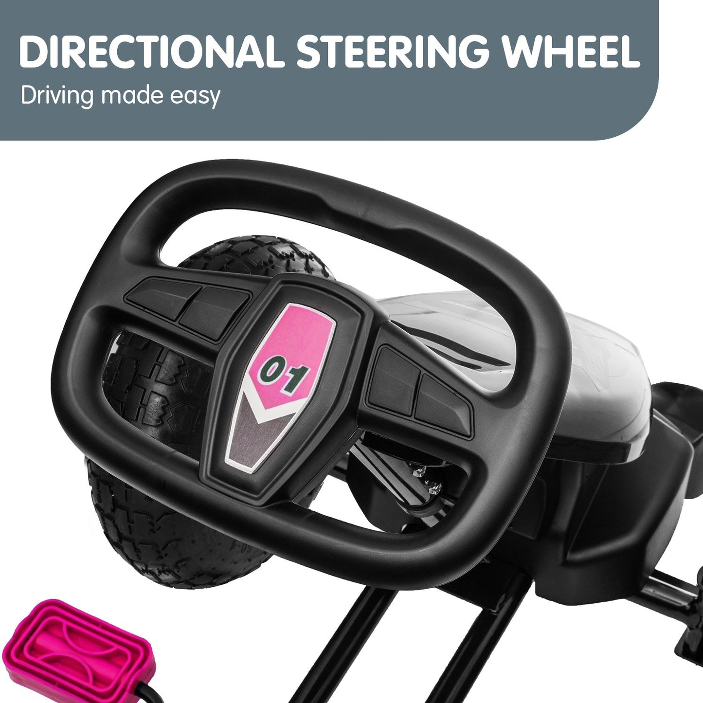 Black steering wheel with pink accents on a white background, labeled 'Directional Steering Wheel'.
