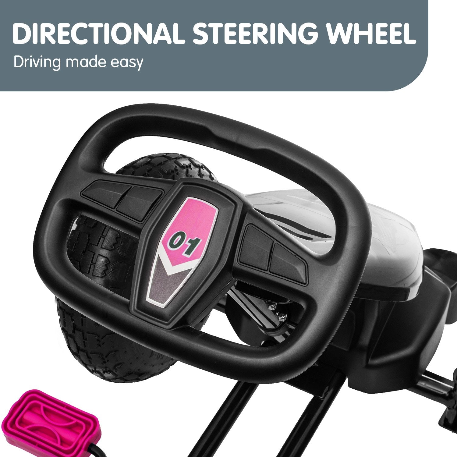 Black steering wheel with pink accents on a white background, labeled 'Directional Steering Wheel'.