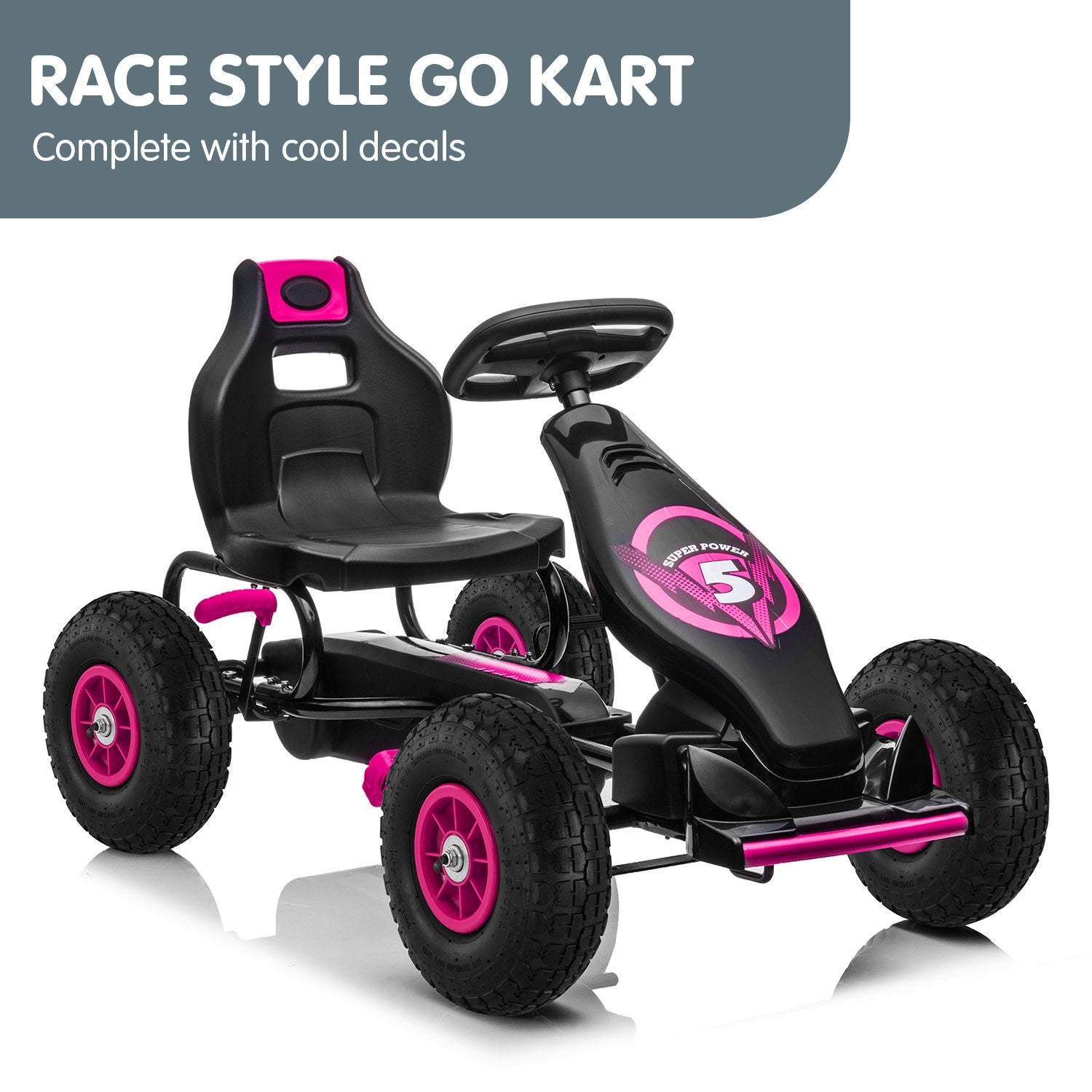 Black and pink race-style go kart with decals on a white background