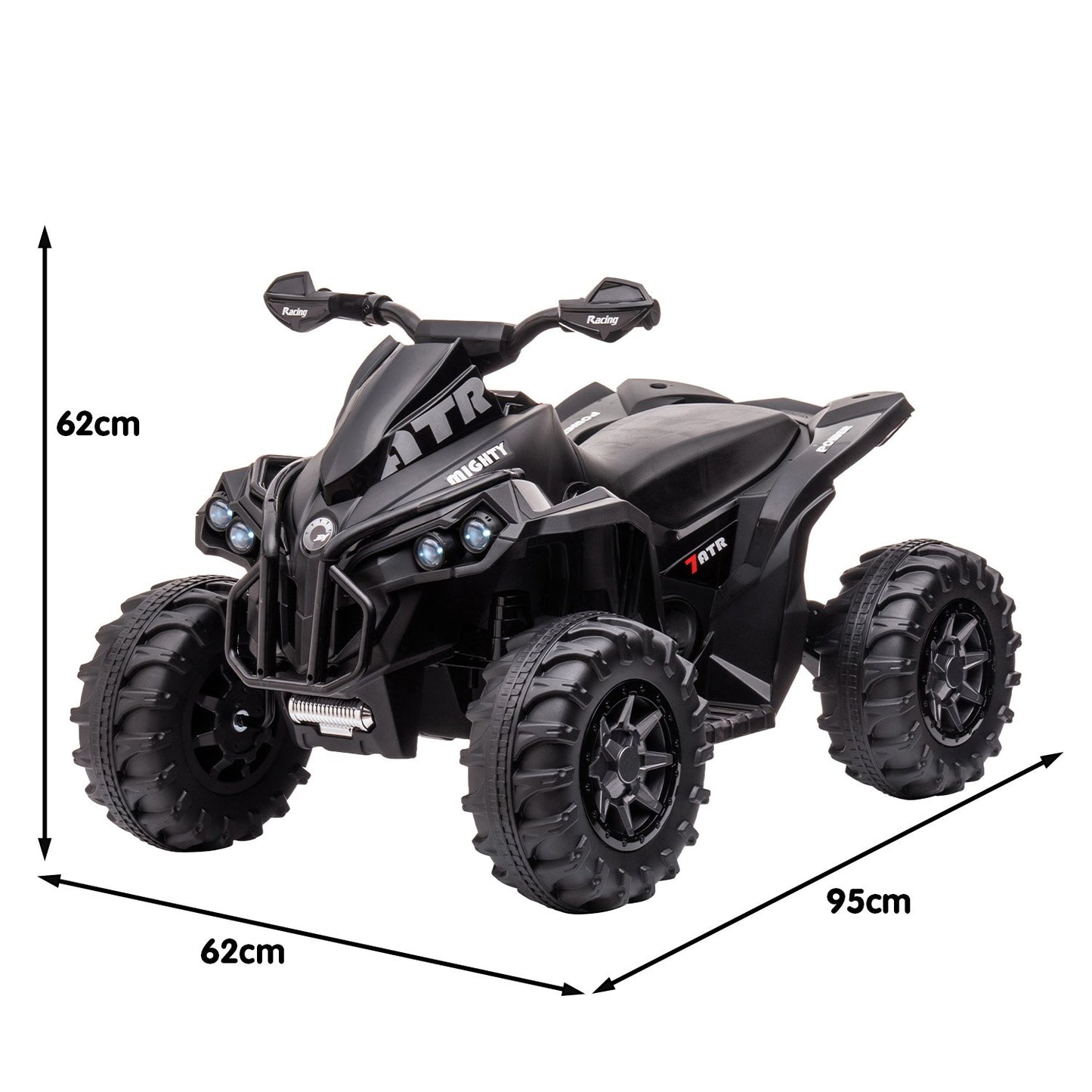 Black toy ATV with measurements on a white background