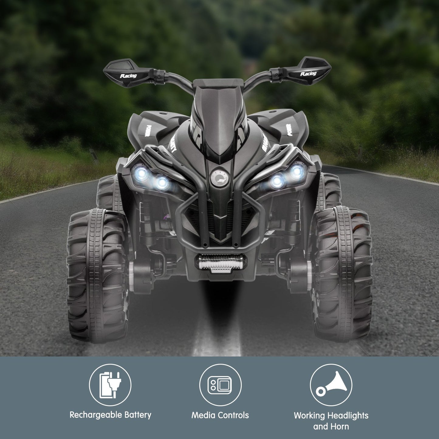 Black toy ATV on a road with features highlighted at the bottom.