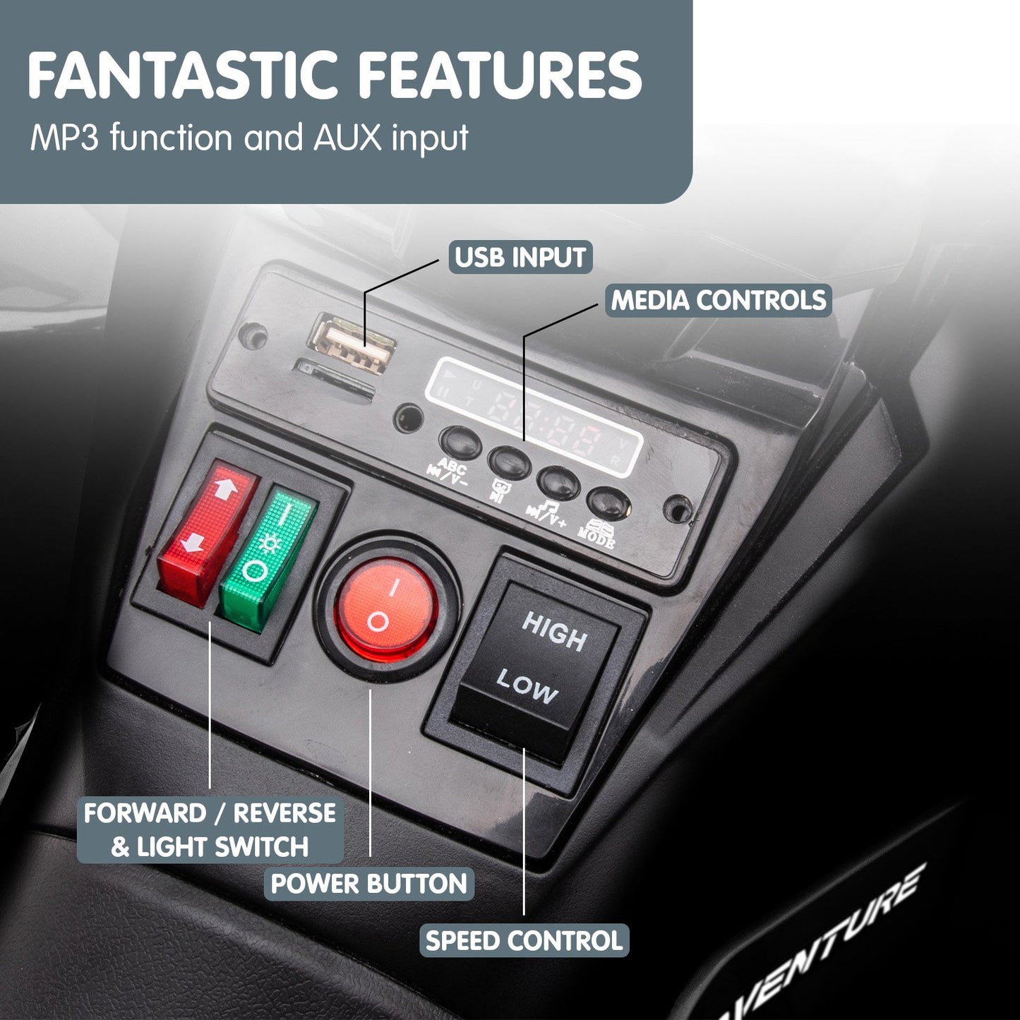 Car stereo system with labeled features including USB input, media controls, and power button.