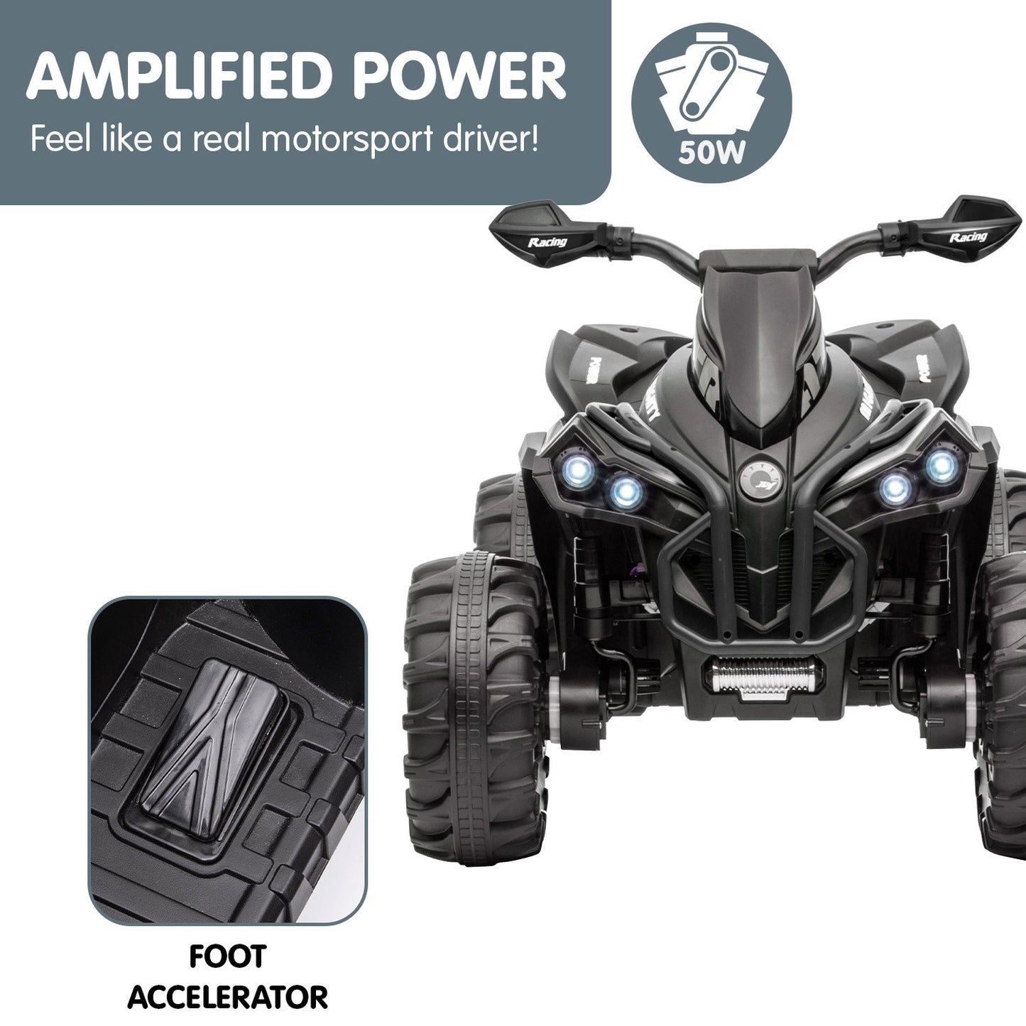Black toy ATV with 'Amplified Power' text and graphics on a white background