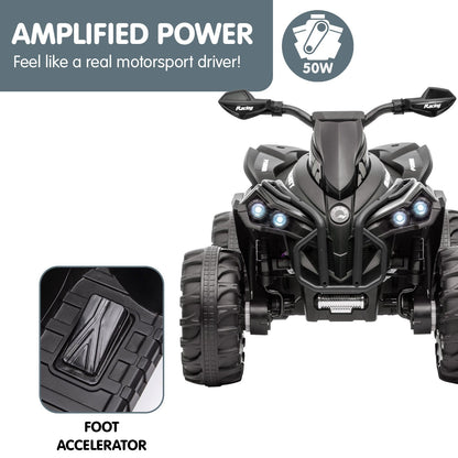 Black toy ATV with 'Amplified Power' text and graphics on a white background