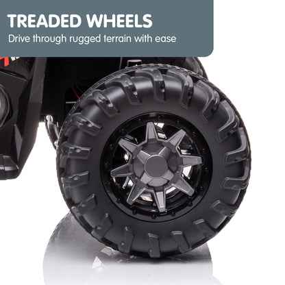 Close-up of a black treaded wheel with text about rugged terrain capability on a white background.